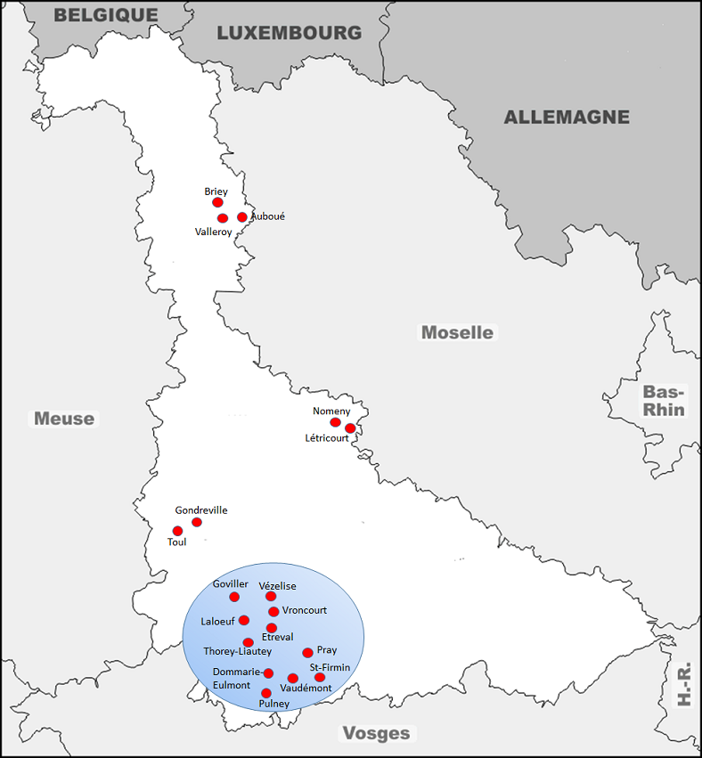 Carte de la Meurthe-et-Moselle avec les communes de la généalogie