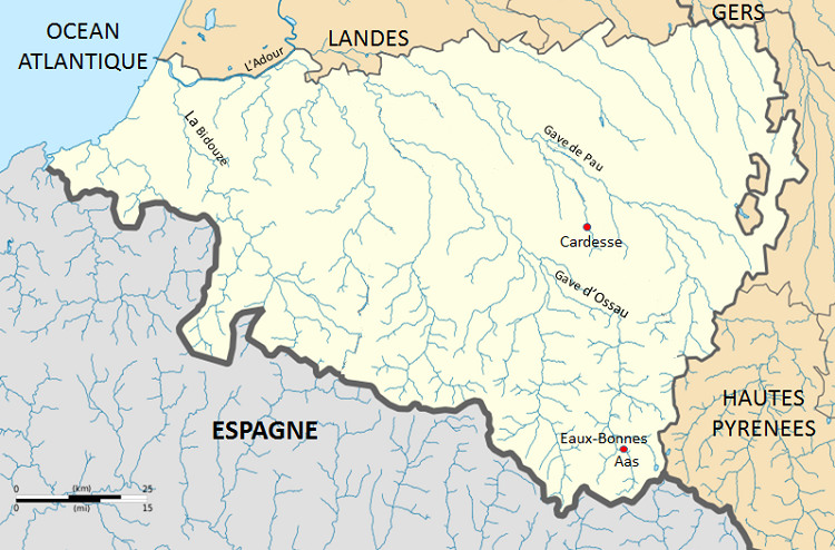 carte des Pyrénées-Atlantques avec les communes de la généalogie