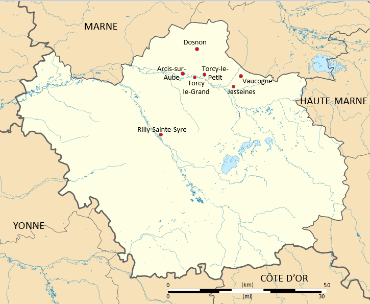 carte de l'Aube avec les communes de la généalogie