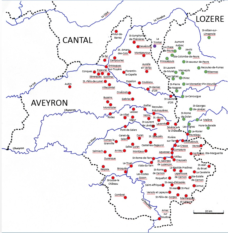 carte de l'Aveyron avec les communes de la généalogie