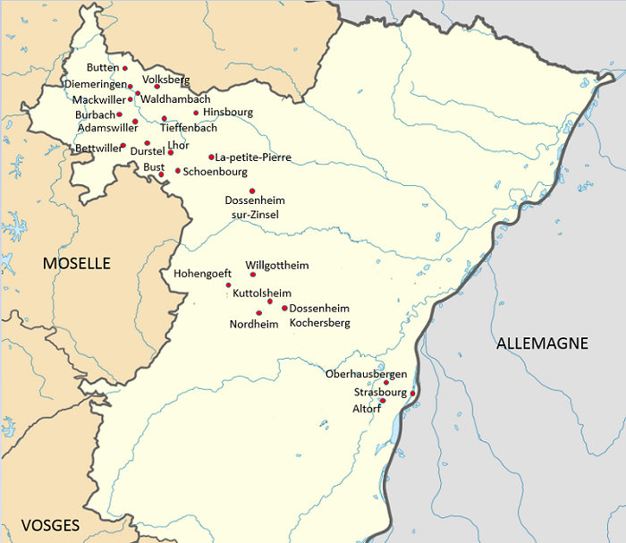carte du Bas-Rhin avec les communes de la généalogie