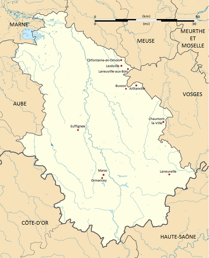 carte de la Haute-Marne avec les communes de la généalogie
