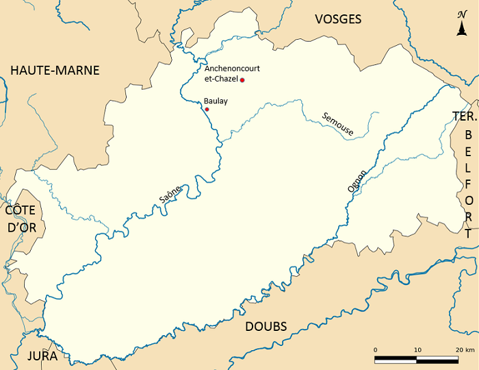 carte de la Haute-Saône avec les communes de la généalogie