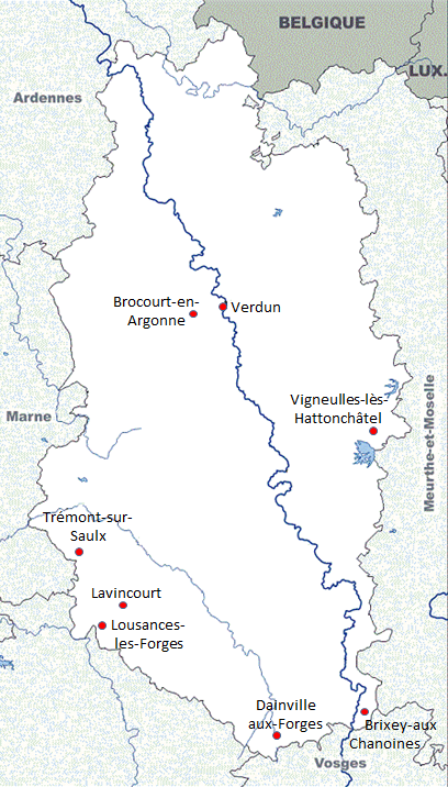 carte de la Meuse avec les communes de la généalogie