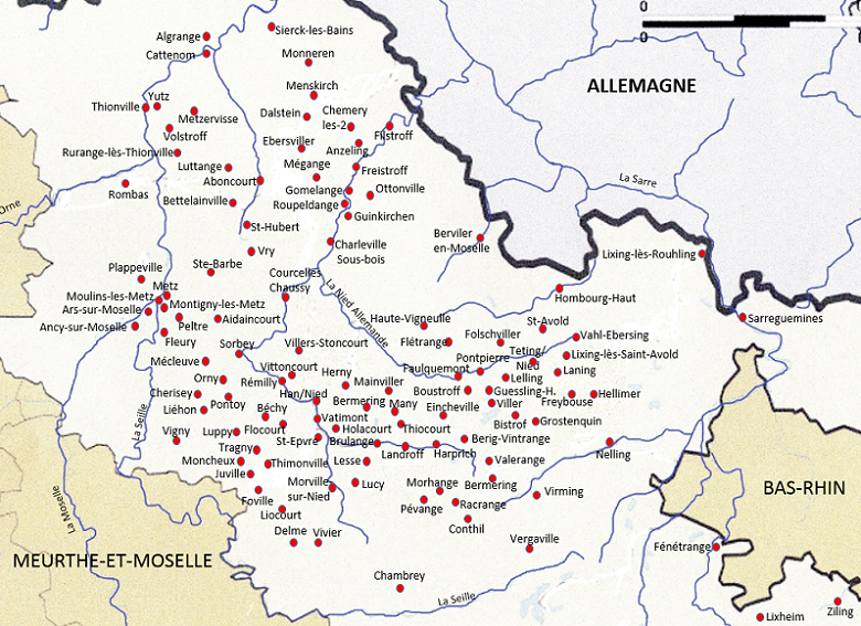 carte de la Lozère avec les communes de la généalogie