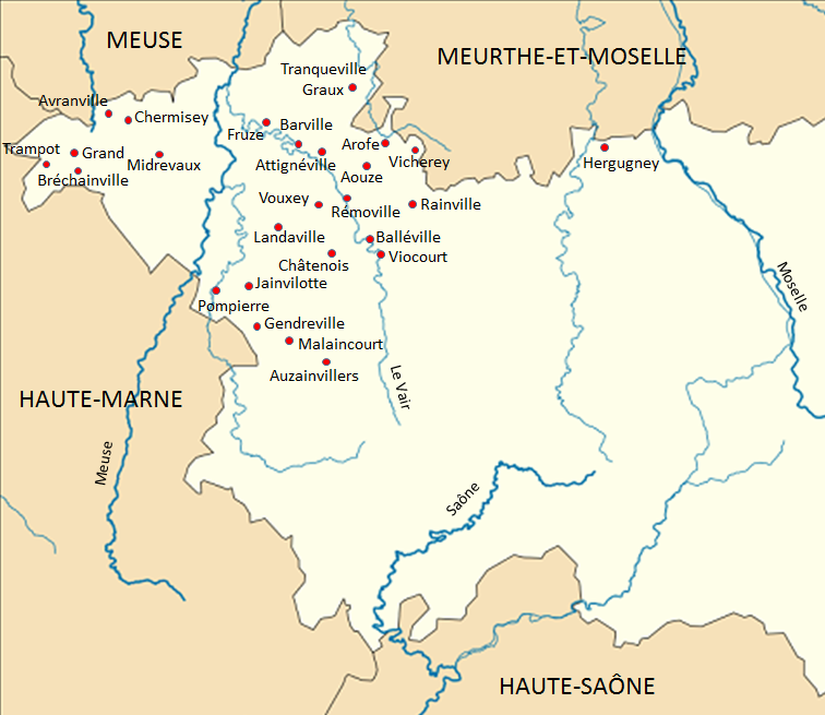 carte des Vosges avec les communes de la généalogie