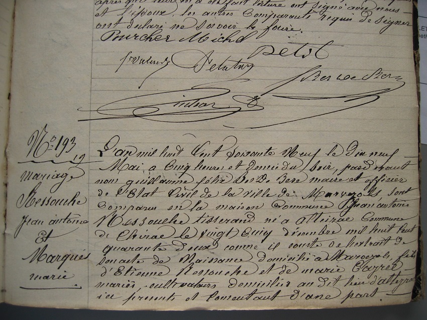 Acte de mariage Antoine Ressouche  - Marie Marquès
