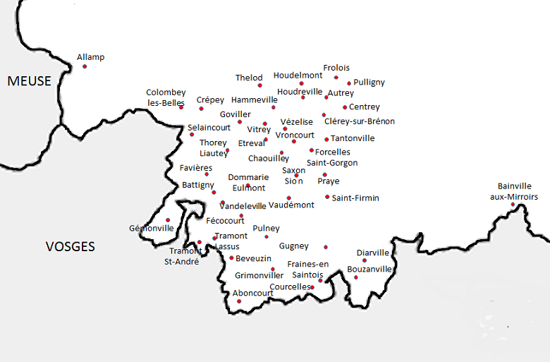carte du Saintois avec les communes de la généalogie